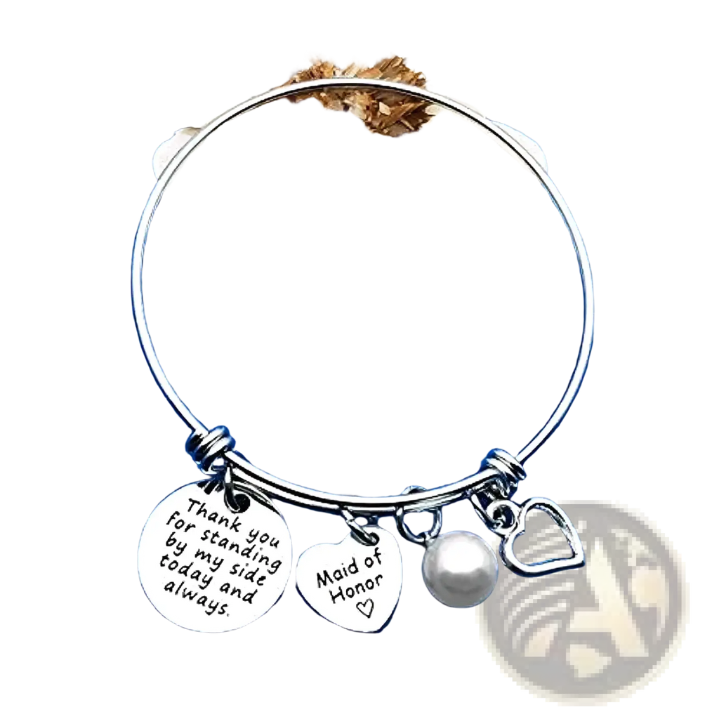 Silver expandable maid of honor bangle bracelet adorned with engraved charms pearl bead and heart pendant