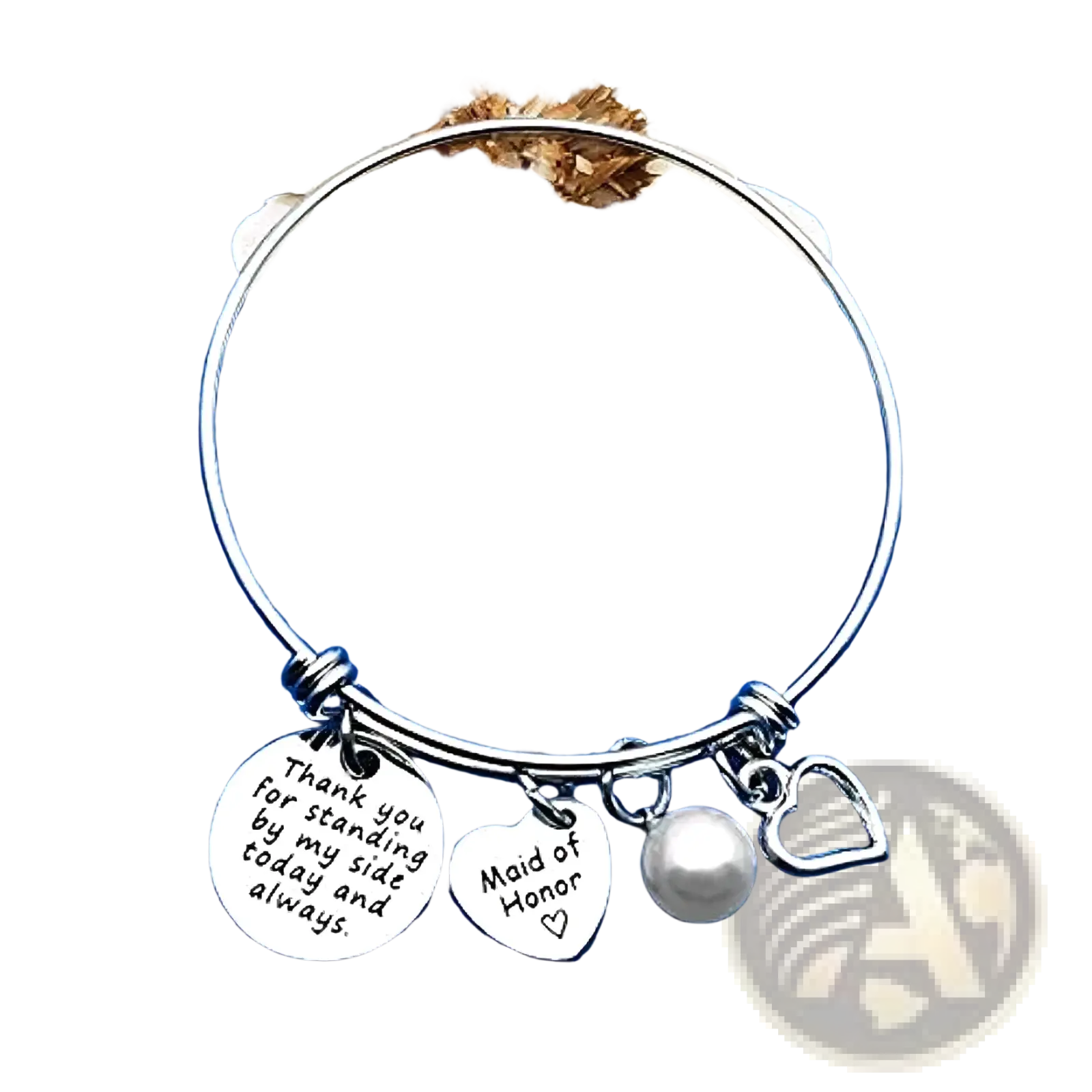 Silver expandable maid of honor bangle bracelet adorned with engraved charms pearl bead and heart pendant
