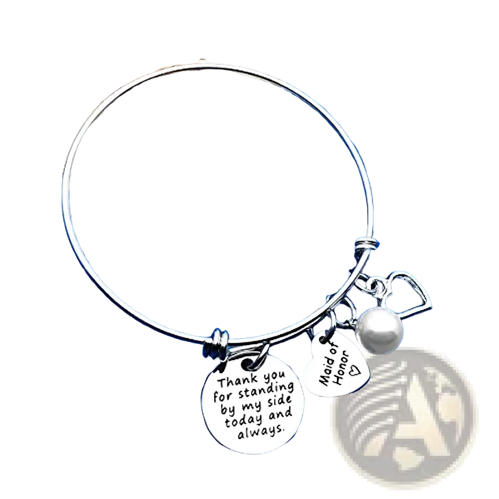 Silver-toned adjustable bangle bracelet with engraved maid of honor and thank you charms wedding gift