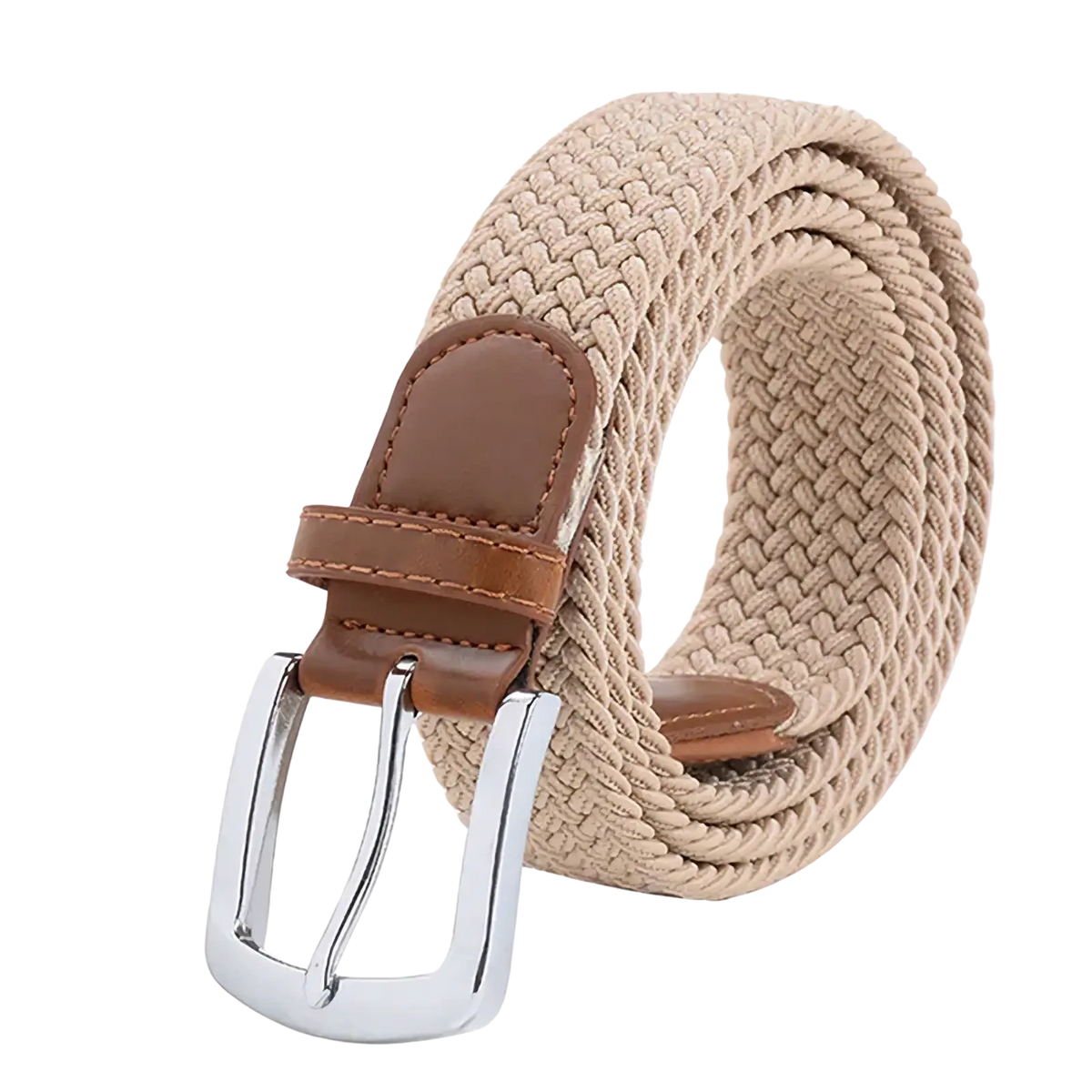 Maikun men’s woven elastic casual belt in beige with brown leather accents and a silver-toned buckle