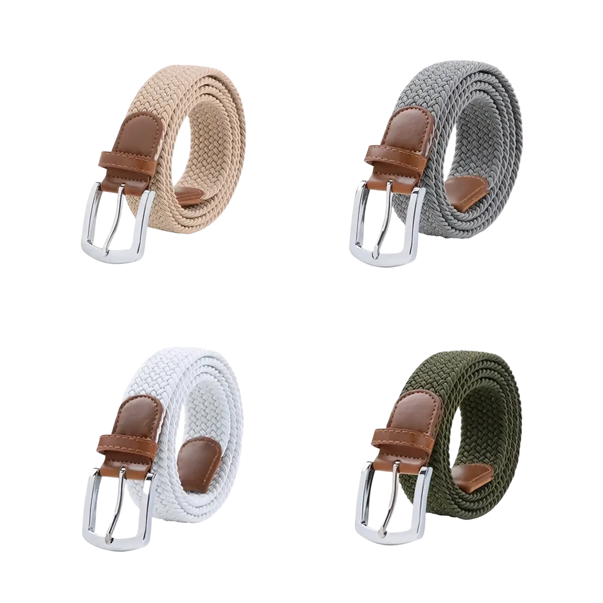 Maikun men’s woven elastic casual belts in beige gray white and olive green with brown leather accents and silver buckles