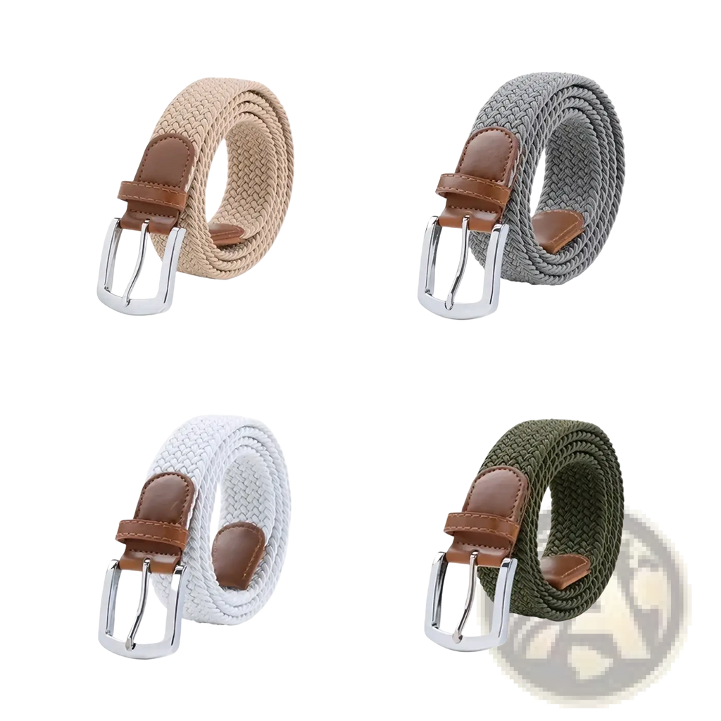 Maikun men’s woven elastic casual belts in beige gray white and olive green with brown leather accents and silver buckles