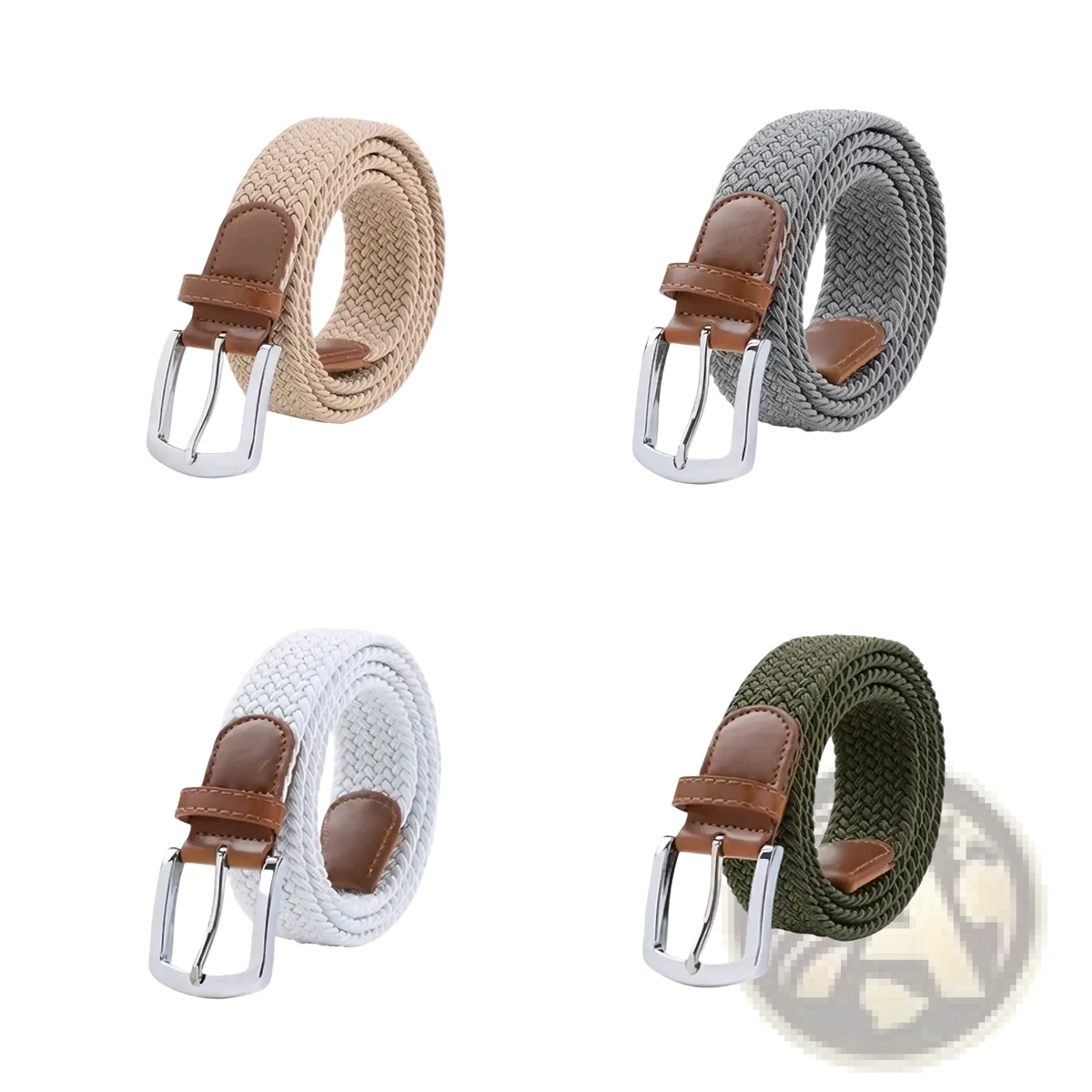 Maikun men’s woven elastic casual belts in beige gray white and olive green with brown leather accents and silver buckles
