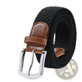 Maikun men’s woven elastic casual belt in black with brown leather tab and silver-toned buckle