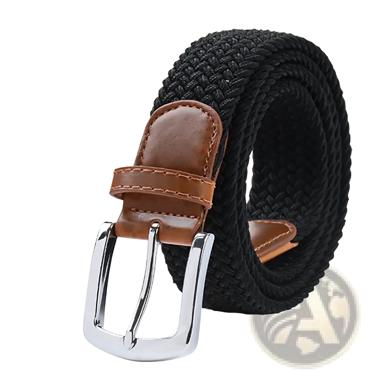 Maikun men’s woven elastic casual belt in black with brown leather tab and silver-toned buckle