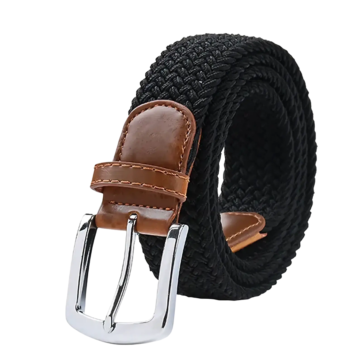 Maikun men’s black woven elastic casual belt with brown leather tab and silver-toned buckle for everyday wear