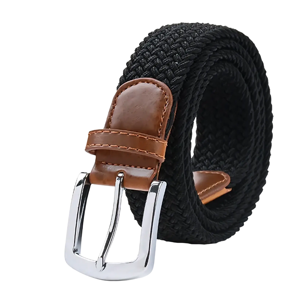 Maikun men’s woven elastic casual belt in black with brown leather tab and silver-toned buckle
