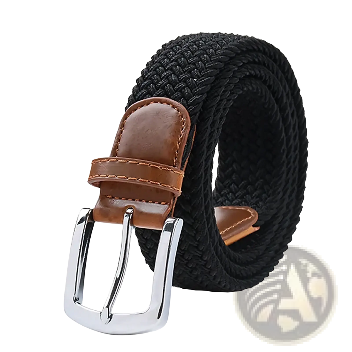 Maikun men’s woven elastic casual belt in black with brown leather buckle and silver-toned metal prong