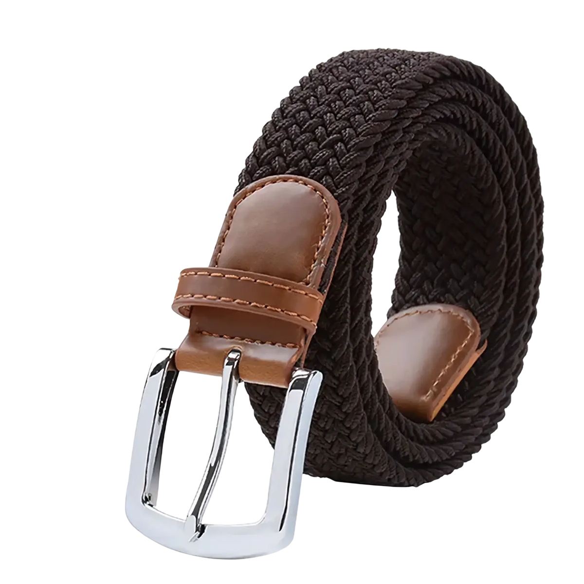 Maikun men’s woven elastic casual belt in brown with tan leather buckle and silver-toned metal prong