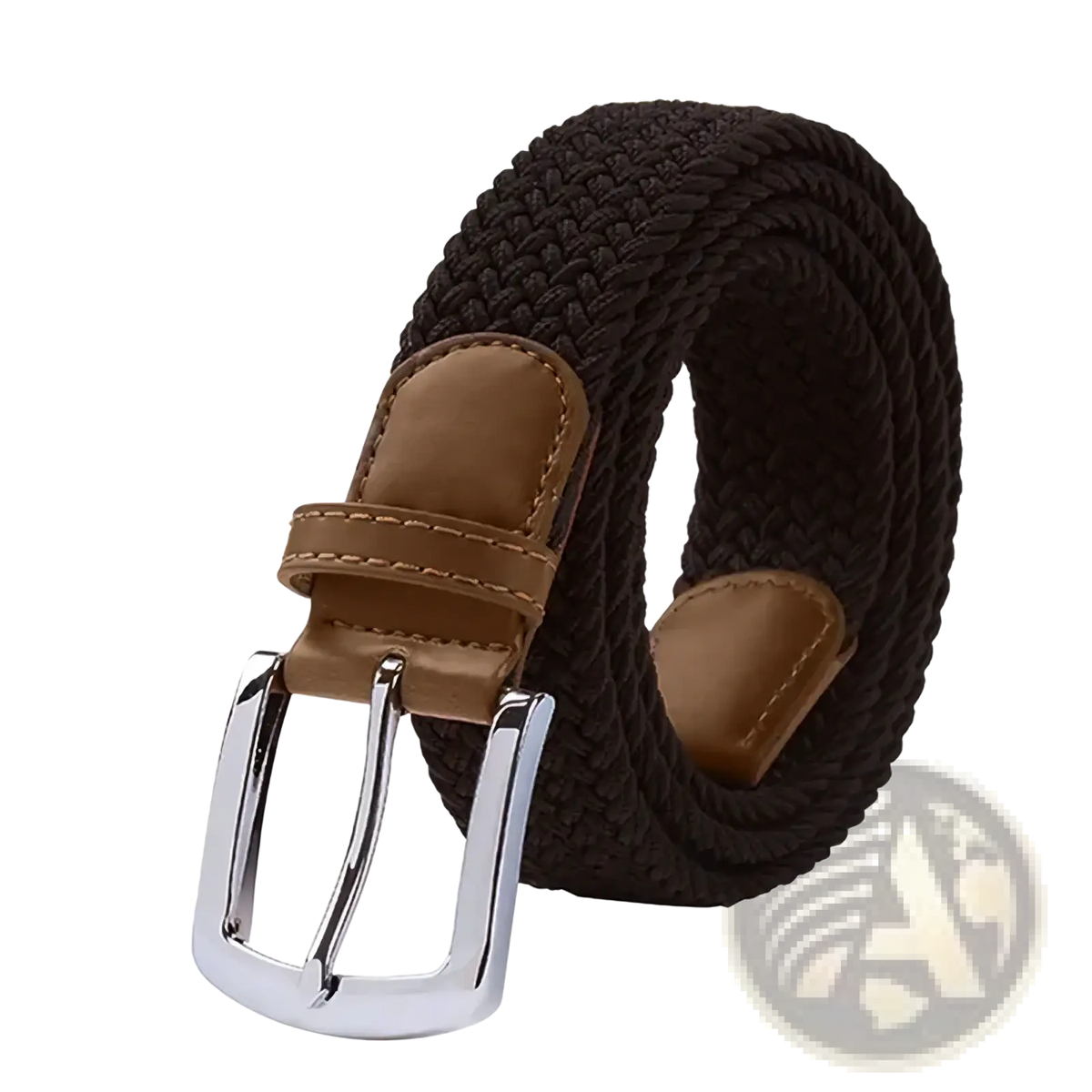 Maikun men’s woven elastic casual belt in dark brown with tan leather tab and silver toned buckle