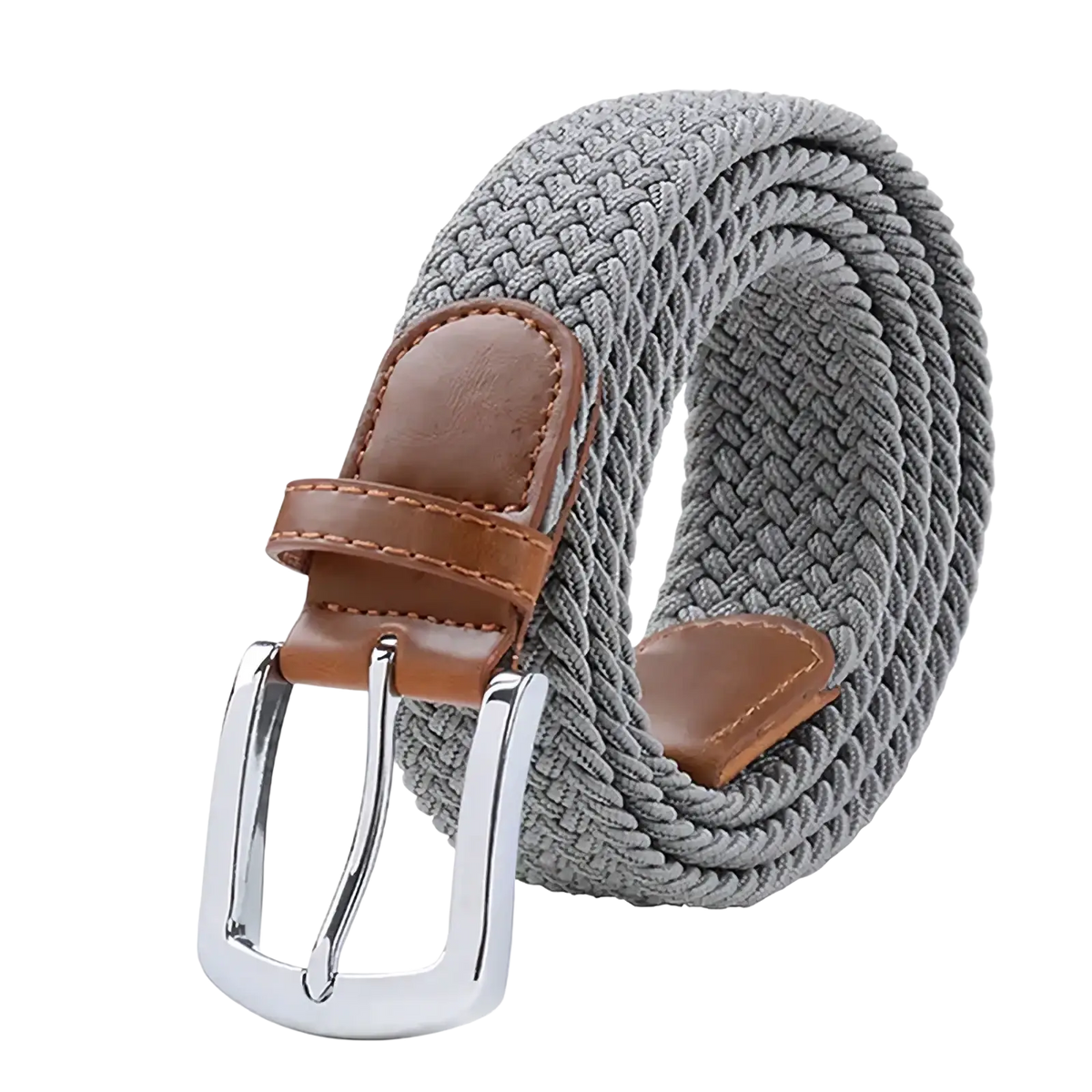 Maikun men’s woven elastic casual belt in gray with braided design brown leather accents and silver-toned buckle