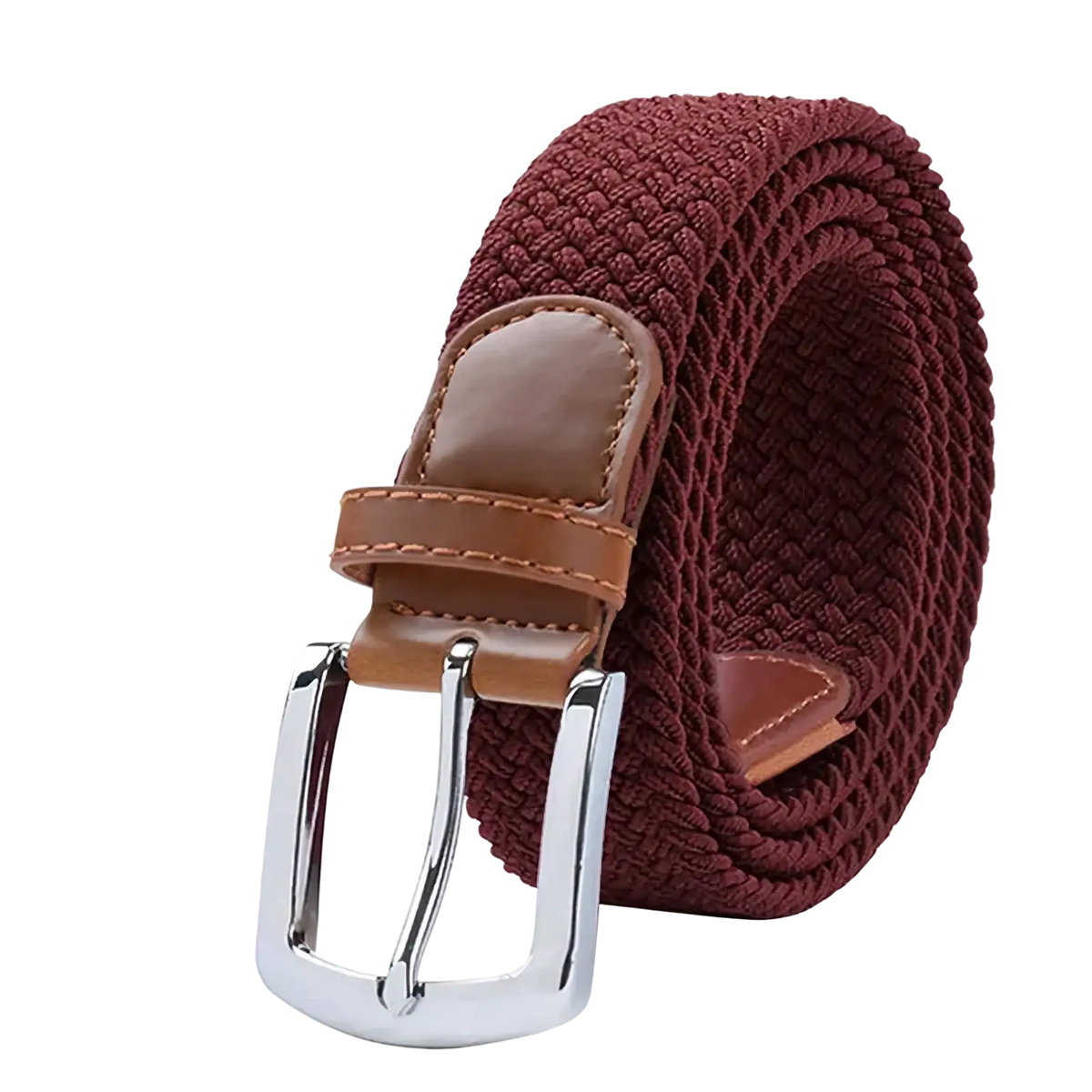 Maikun men’s woven elastic casual belt in maroon with brown leather tab and silver buckle