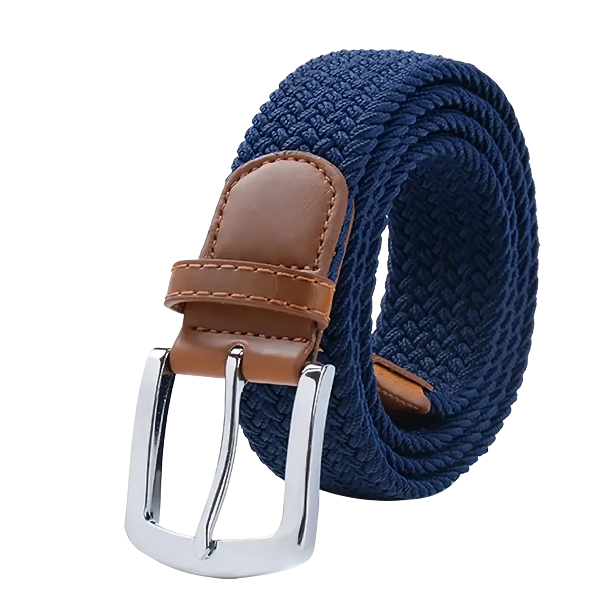 Maikun men’s woven elastic casual belt in navy blue with tan leather buckle and silver-toned metal prong closure