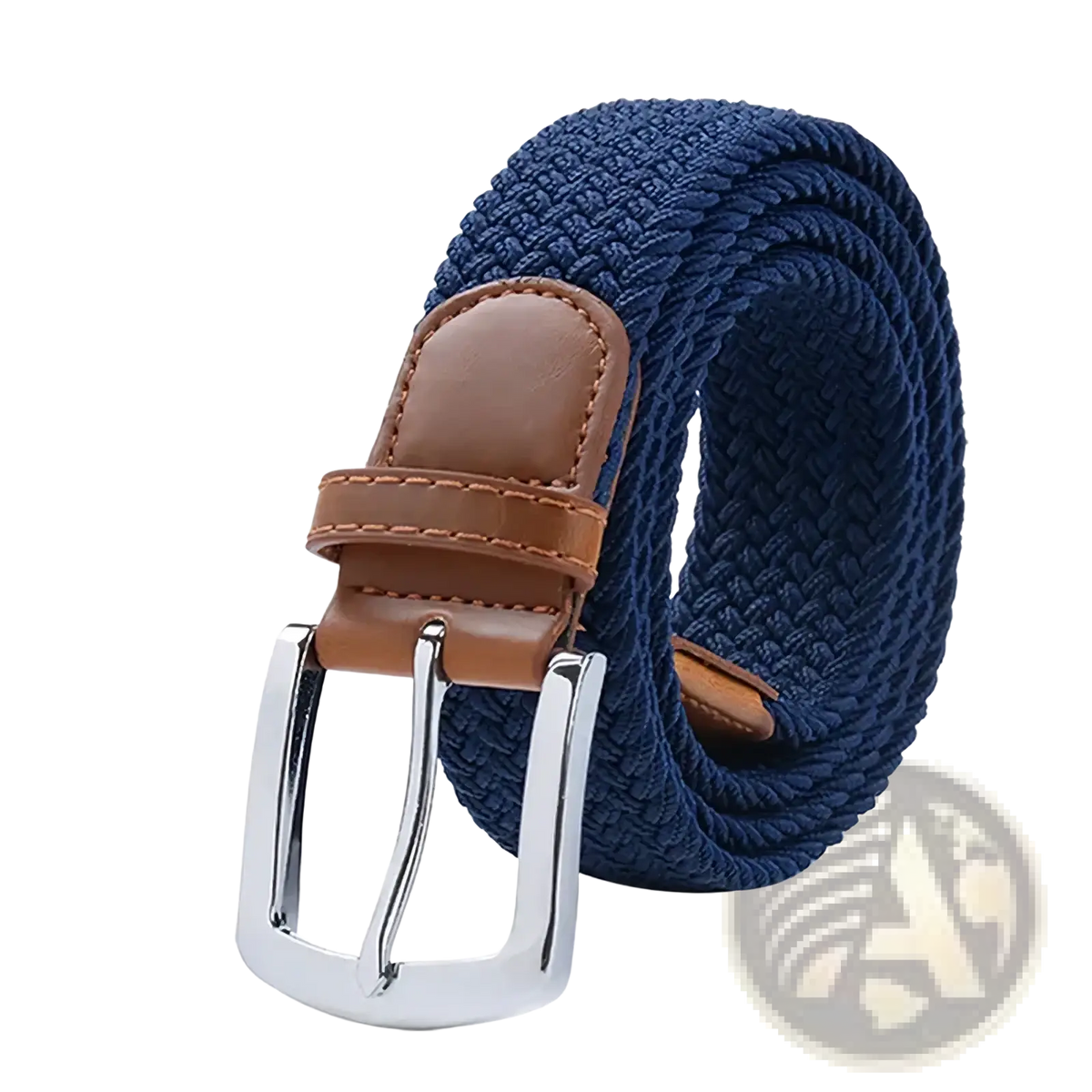 Maikun men’s navy blue woven elastic casual belt with brown leather tab and silver-toned buckle