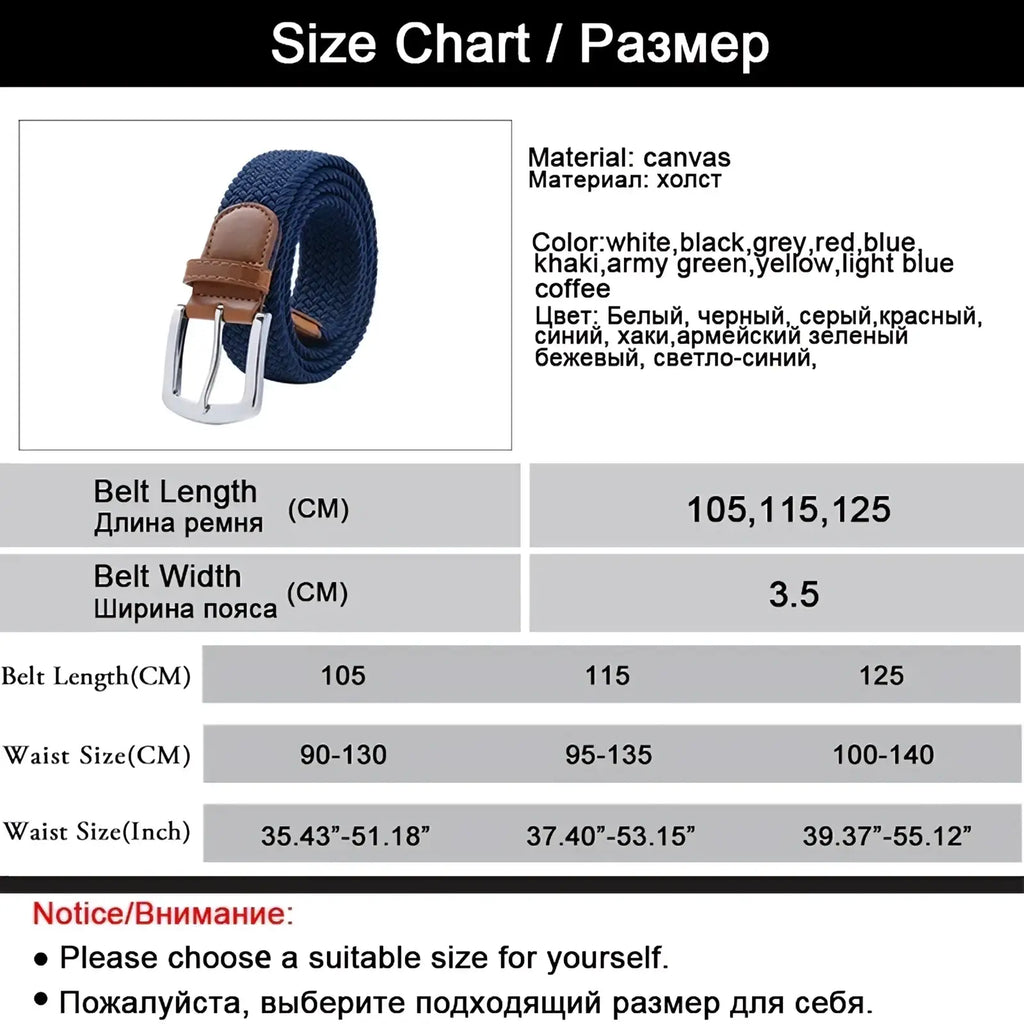 Maikun men’s woven elastic casual belt in navy blue canvas with brown leather buckle and silver metal hardware