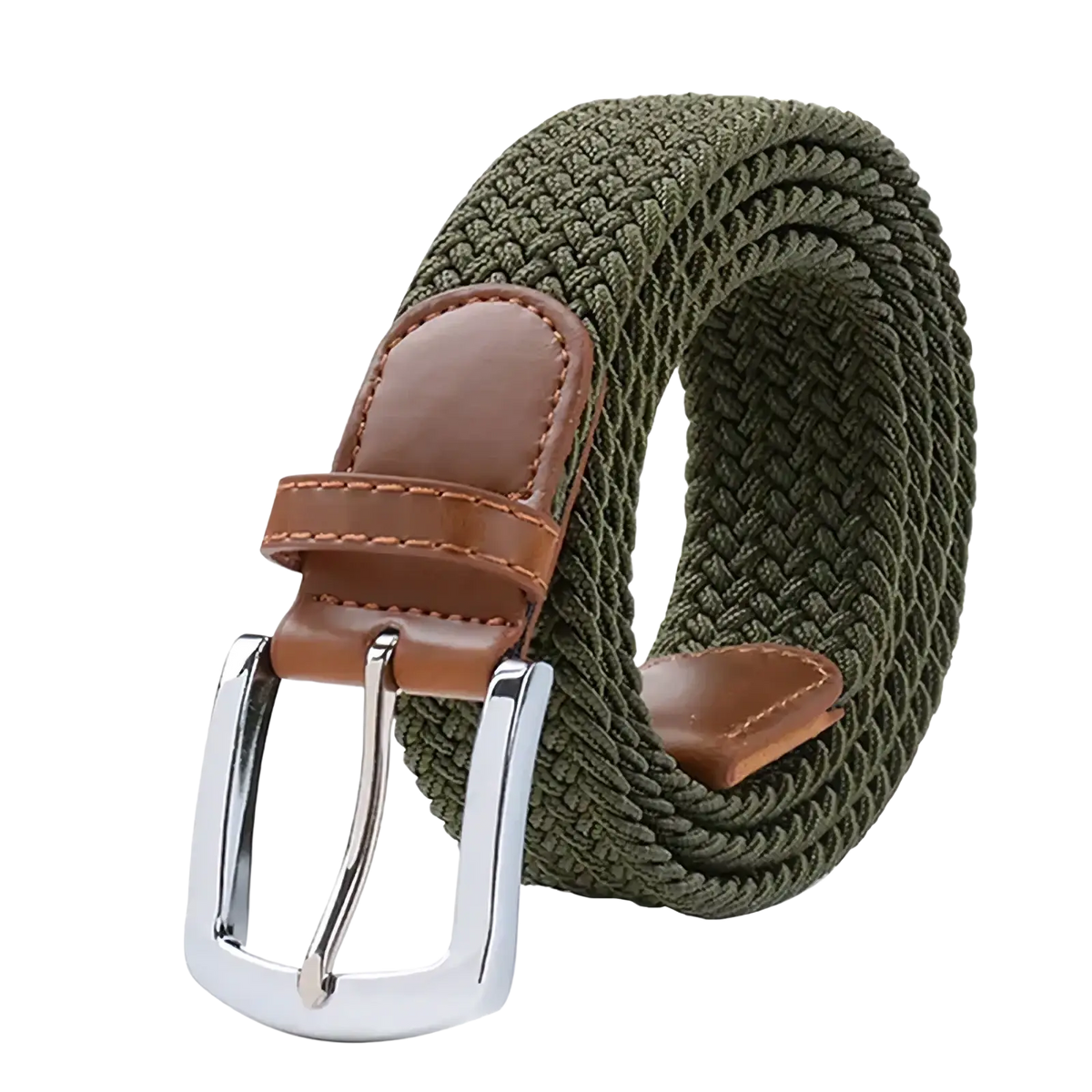 Maikun men’s olive green woven elastic casual belt with brown leather accents and silver-toned buckle