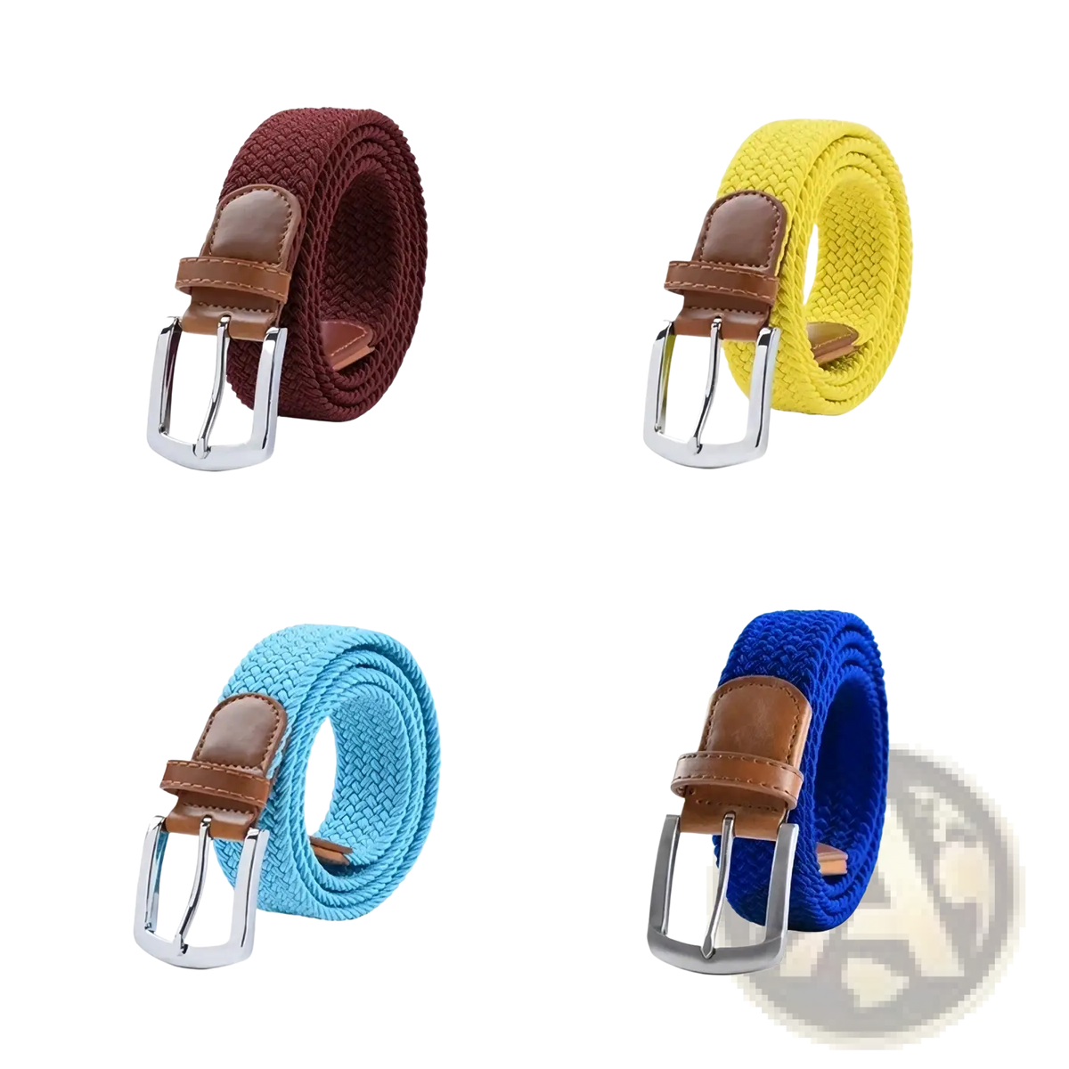 Maikun men’s woven elastic casual belts set of four colorful belts with brown leather tabs and silver buckles