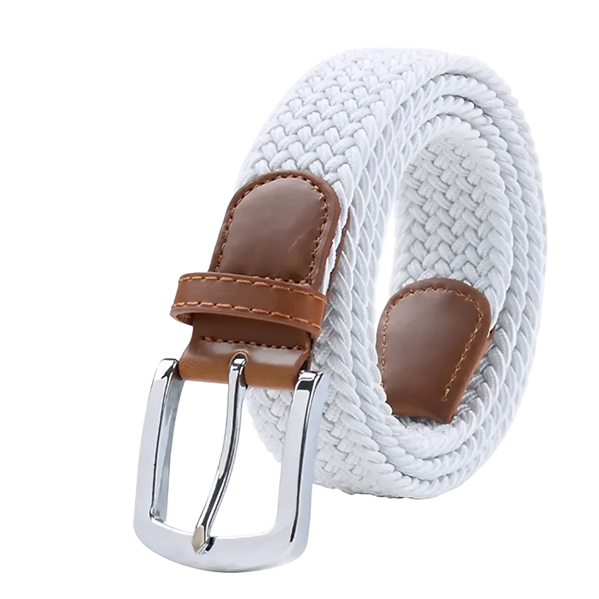 Maikun men’s white braided elastic casual belt with brown leather accents and silver buckle