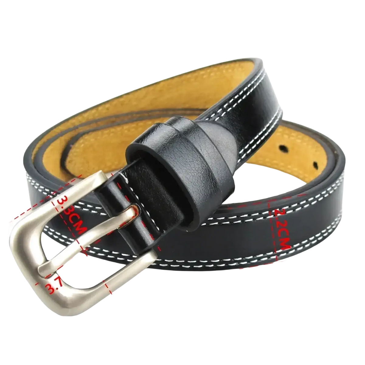 Black leather belt with silver buckle and white stitching maikun women leather belt cowskin waistband accessory