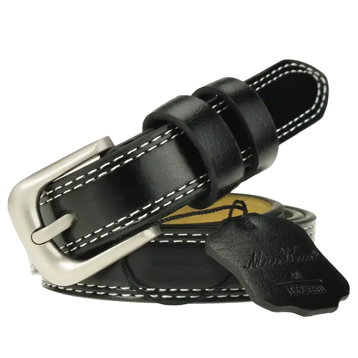 Black leather belt with white stitching and silver-toned buckle from maikun women leather cowskin waistband collection