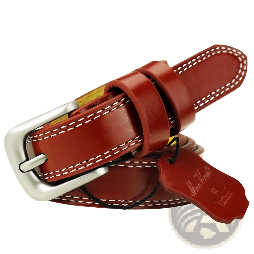 Maikun women leather belt brown cowskin with silver buckle and white stitching fashion waistband accessory