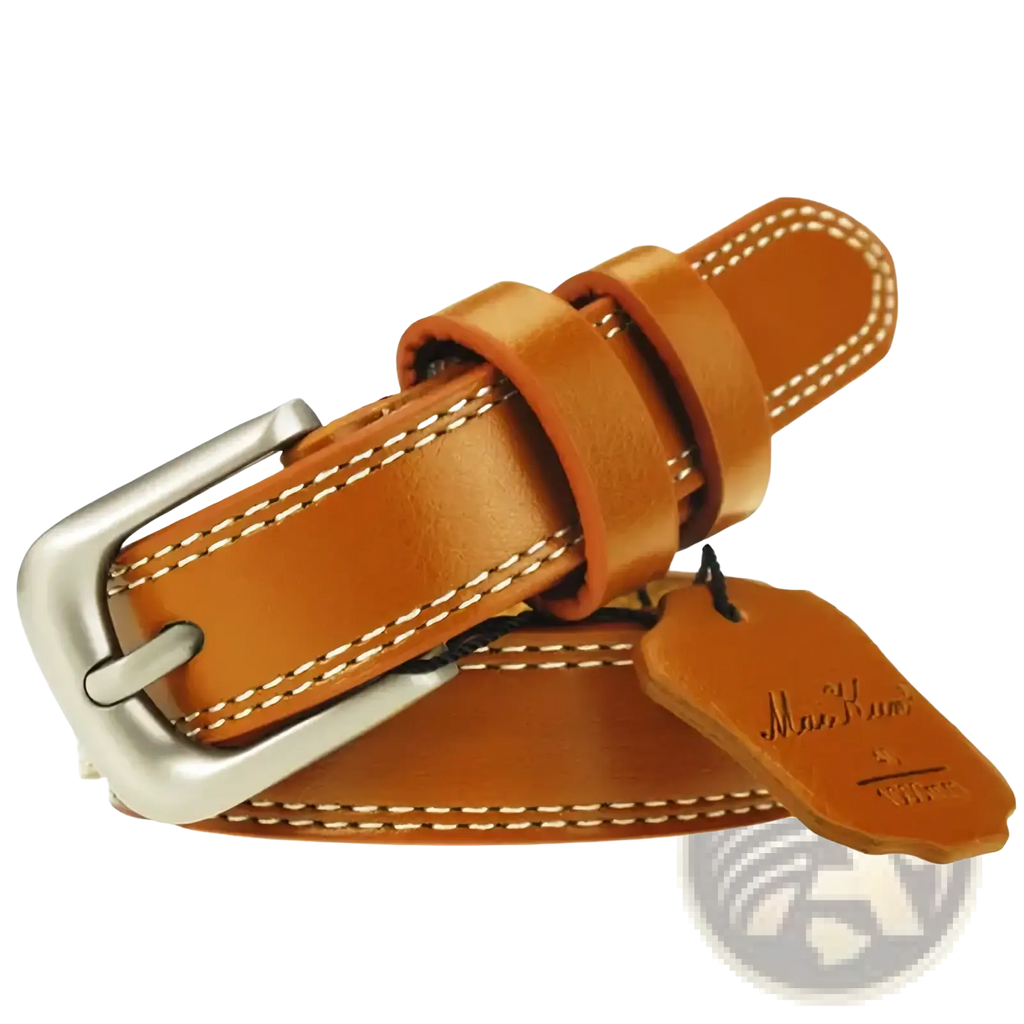 Maikun women leather belt in tan cowskin with silver buckle, white stitching, and branded tag for fashion waistband