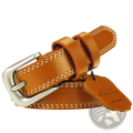 Maikun women leather belt in tan cowskin with silver buckle, white stitching, and branded tag for fashion waistband