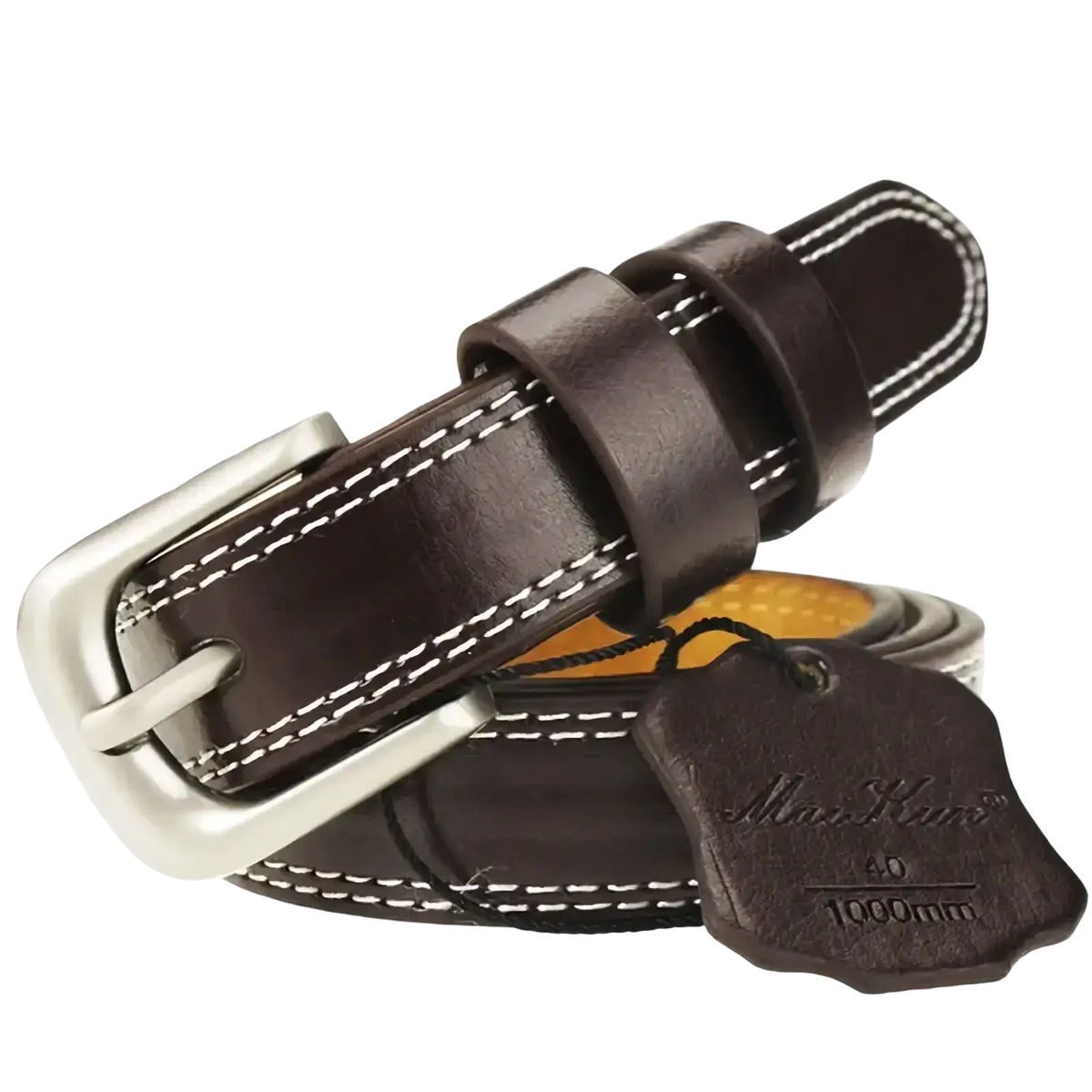 Brown leather belt with white stitching and silver buckle featuring tag maxrim 40 1090mm for maikun women leather use