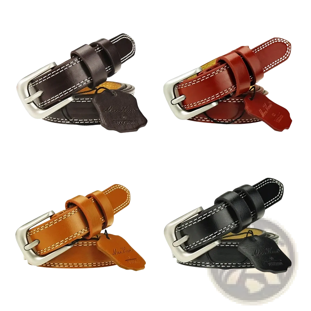 Maikun women leather belts in brown reddish brown tan and black cowskin with silver buckles and white stitching