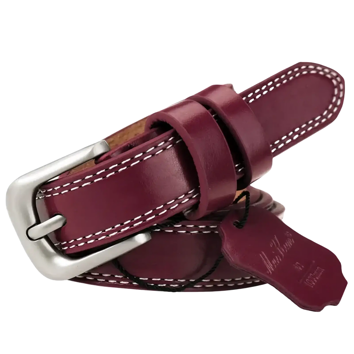 A maroon maikun women leather belt made of cowskin with white stitching and a silver-toned branded buckle