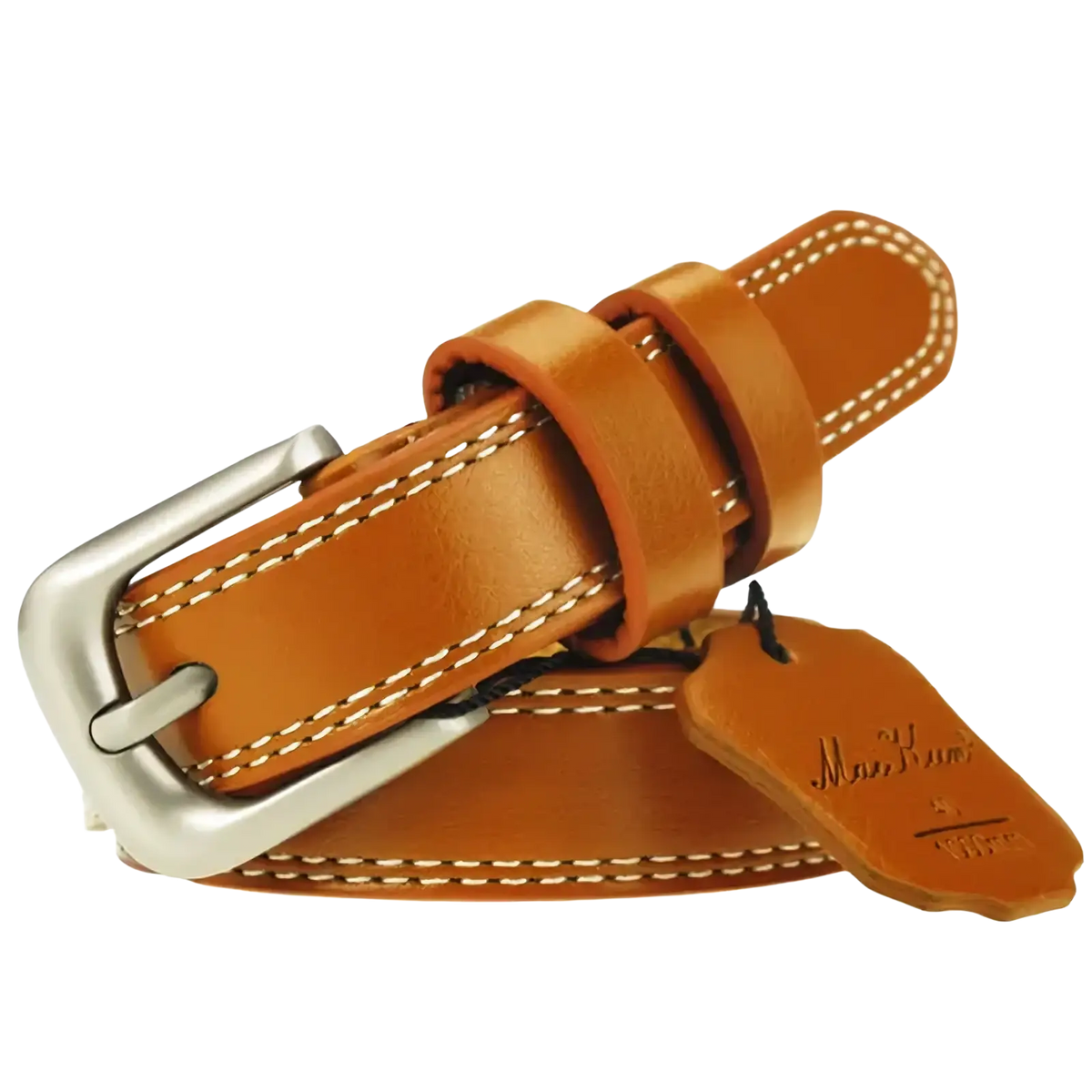 Maikun women leather belt in tan cowskin with silver buckle, white stitching, and branded tag for fashion waistband