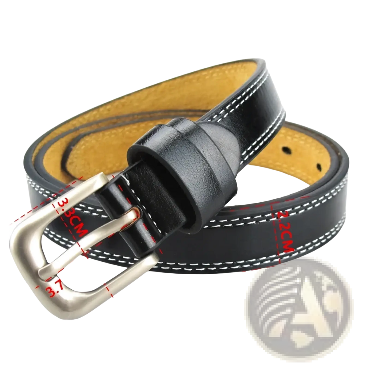Maikun women’s black leather belt with silver-toned buckle genuine cowhide waistband and white edge stitching