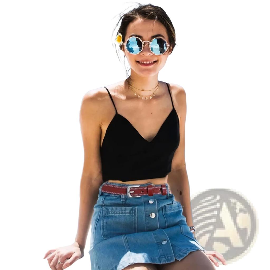 Black spaghetti strap crop top with v-neckline paired with maikun women’s genuine cowhide leather belt waistband