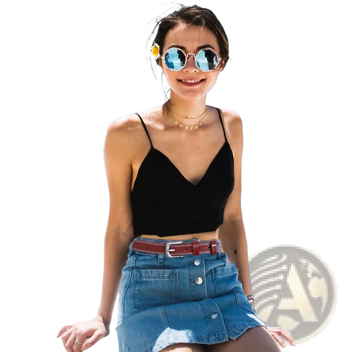 Black spaghetti strap crop top with v-neckline paired with maikun women’s genuine cowhide leather belt waistband