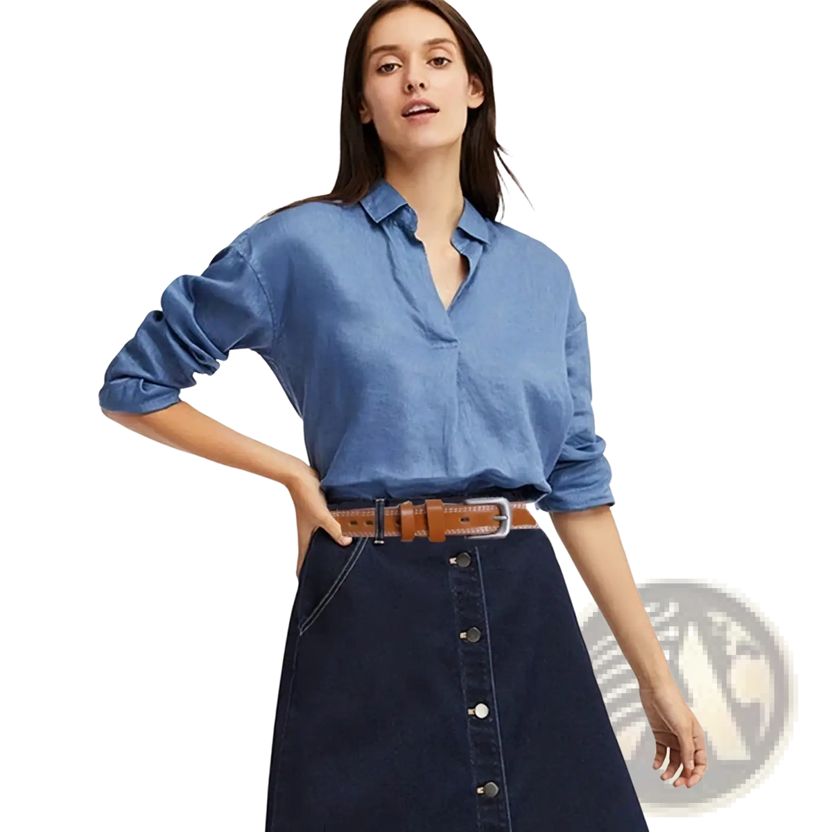 Blue denim shirt with rolled sleeves paired with maikun women’s genuine cowhide leather belt waistband