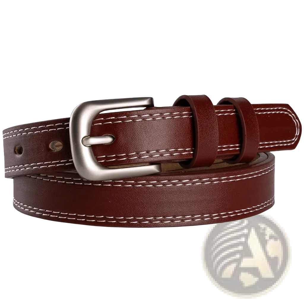 Maikun women’s brown leather belt made of genuine cowhide with silver-toned buckle and white contrast stitching