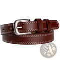 Maikun women’s brown leather belt made of genuine cowhide with silver-toned buckle and white contrast stitching