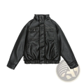 Maillard leather bomber jacket in black faux leather with high collar two front flap pockets and elasticated cuffs