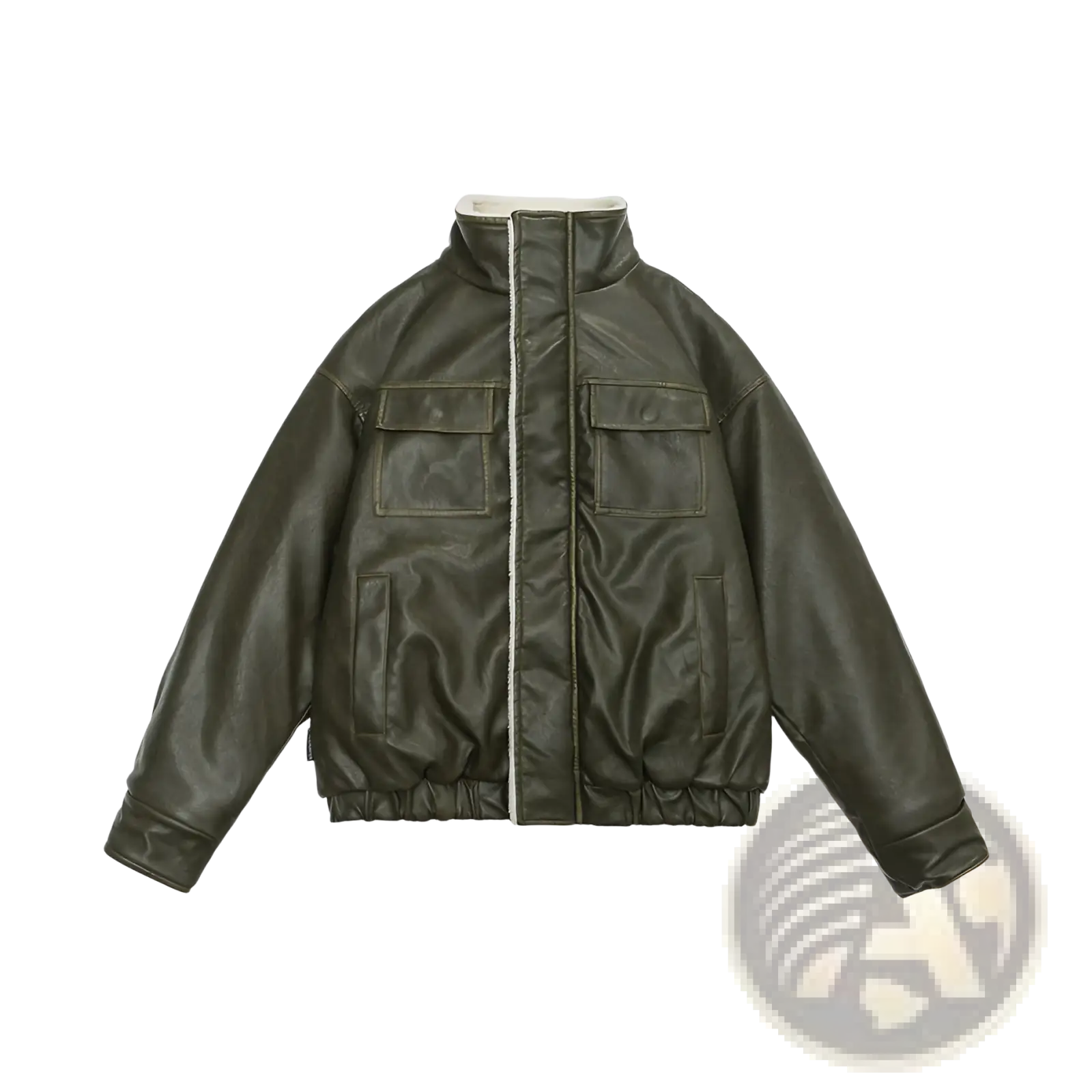 Olive green Maillard leather bomber jacket with white shearling-lined collar and front zipper closure