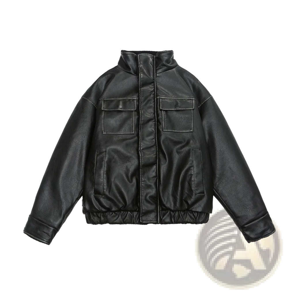 Maillard leather bomber jacket in black faux leather with high collar, two front flap pockets, and elasticated cuffs