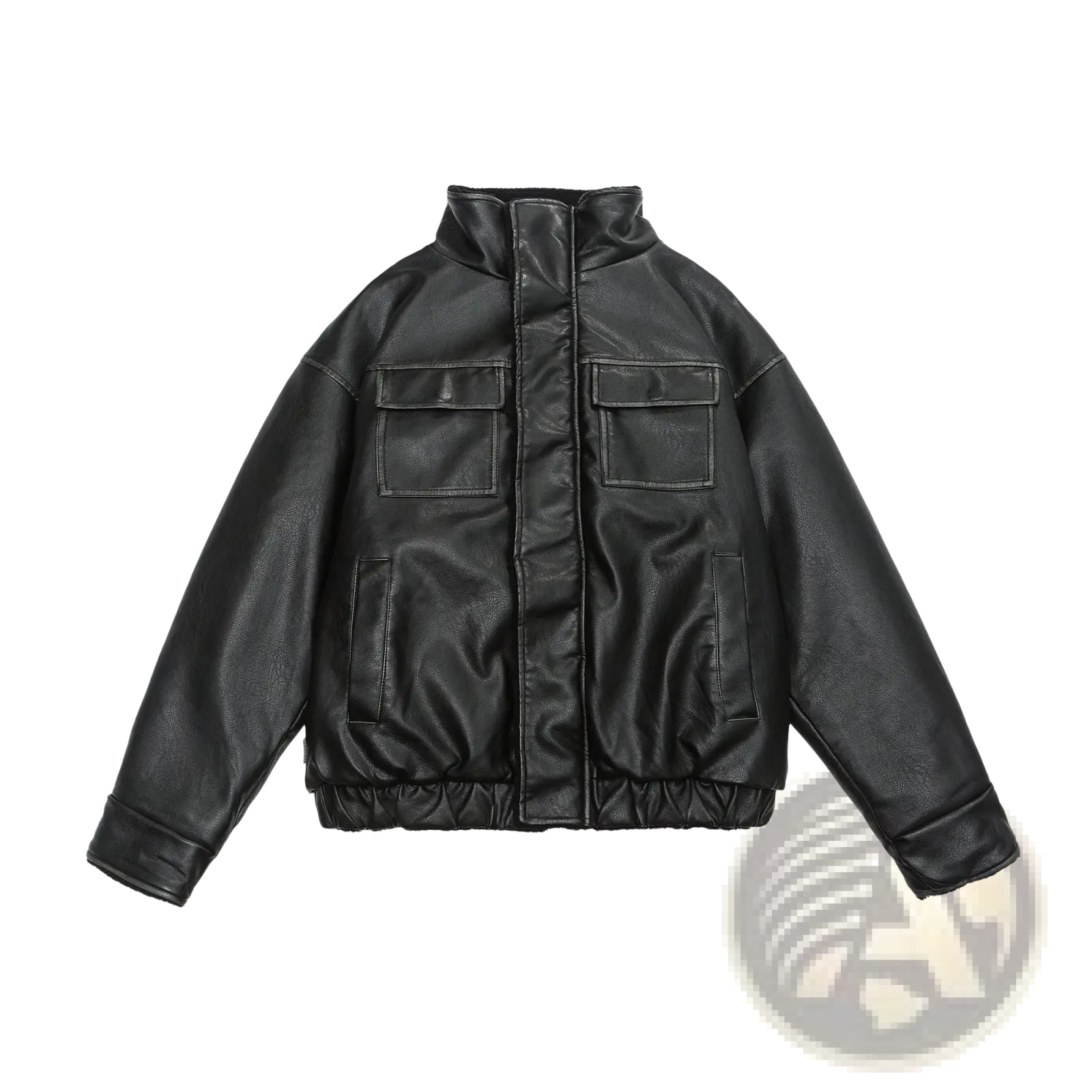 Maillard leather bomber jacket in black faux leather with high collar, two front flap pockets, and elasticated cuffs