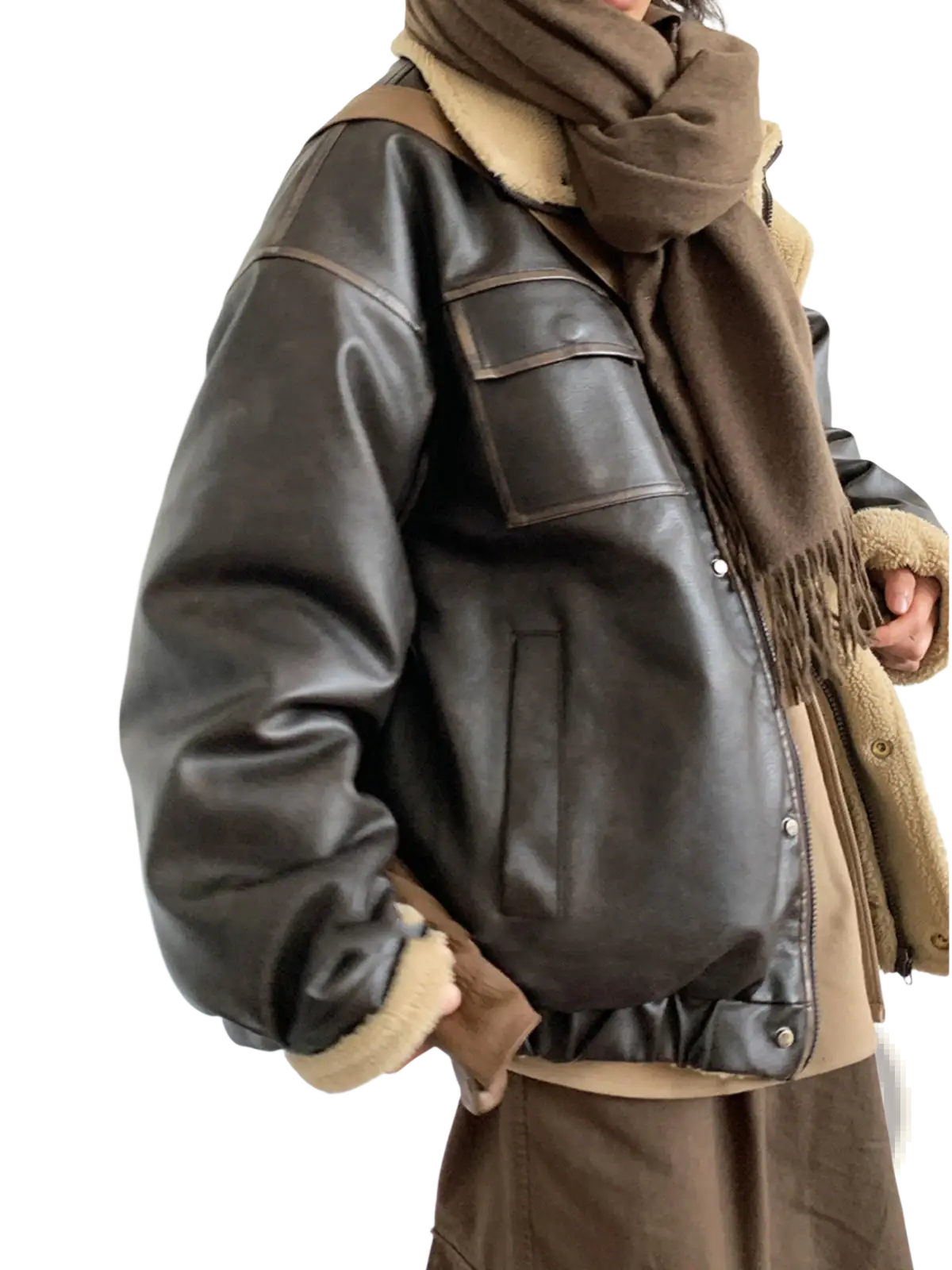 Maillard leather bomber jacket in dark brown with tan shearling lining and a fringed scarf accessory