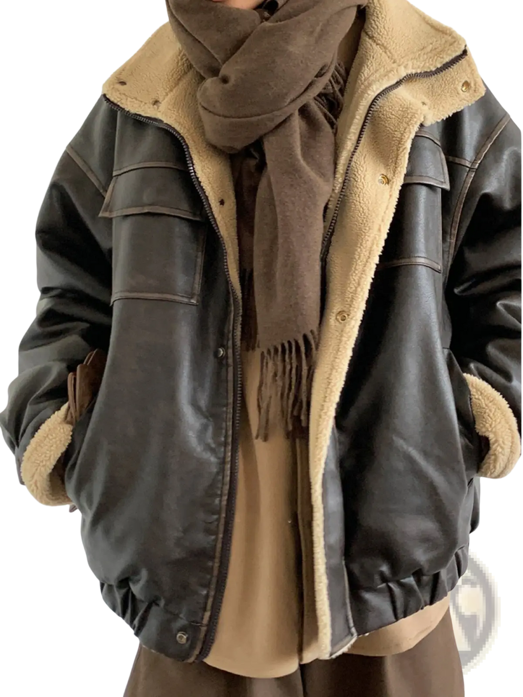 Maillard leather bomber jacket in dark brown with tan shearling lining and cuffs made of leather and shearling