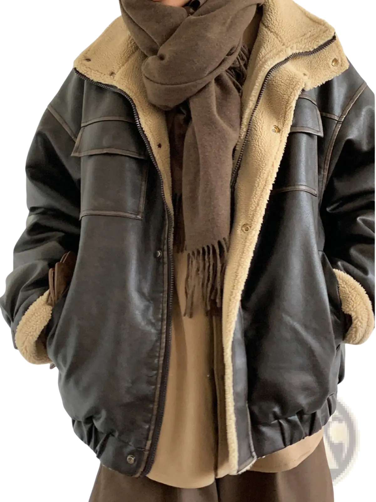 Maillard leather bomber jacket in dark brown with tan shearling lining and cuffs made of leather and shearling