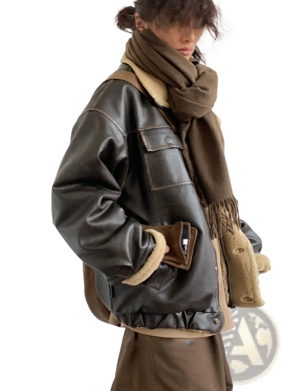 Maillard leather bomber jacket with tan shearling lining dark brown leather and flap pockets front view