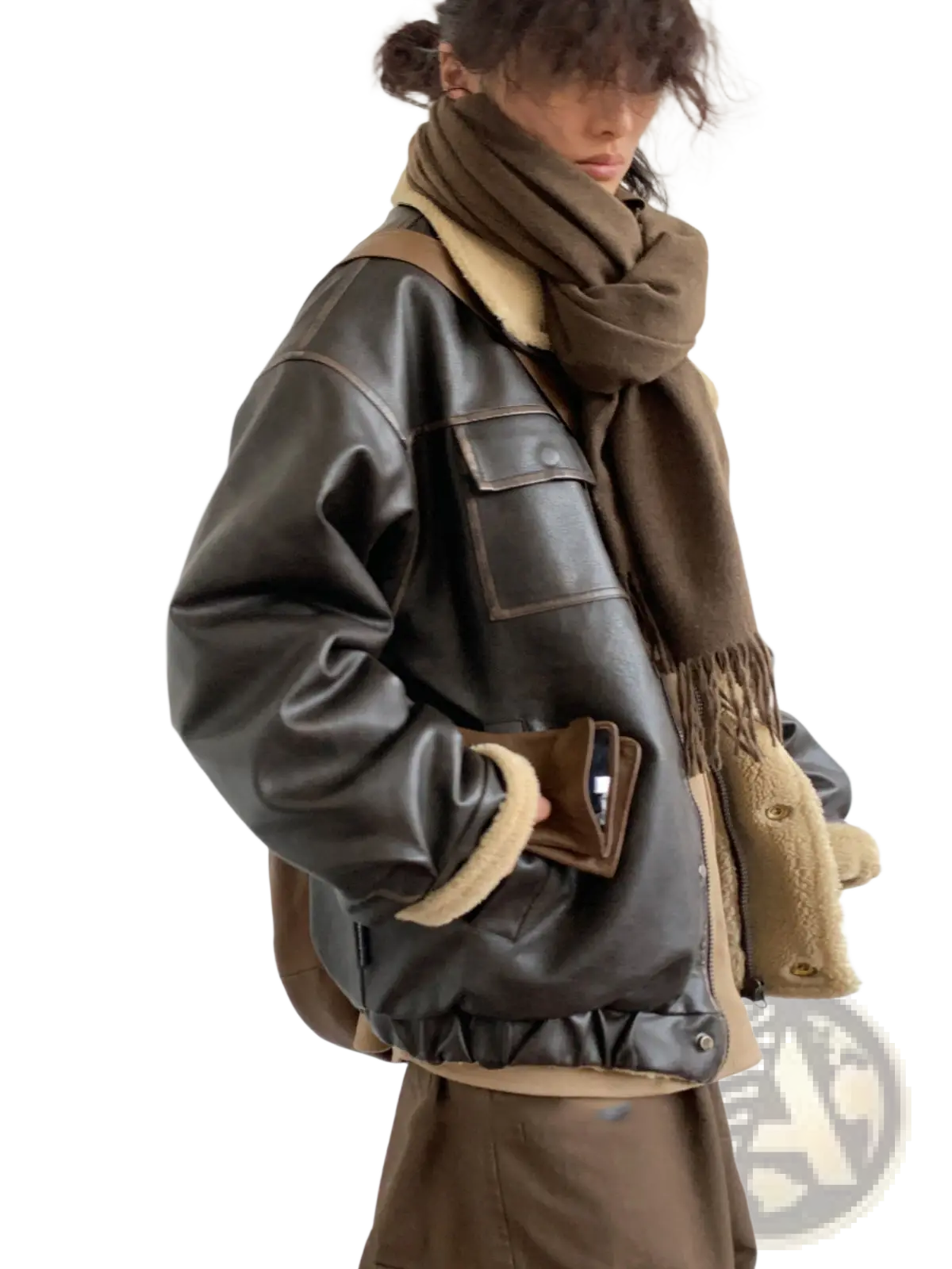 Maillard leather bomber jacket in dark brown with tan shearling lining and flap pockets made of leather