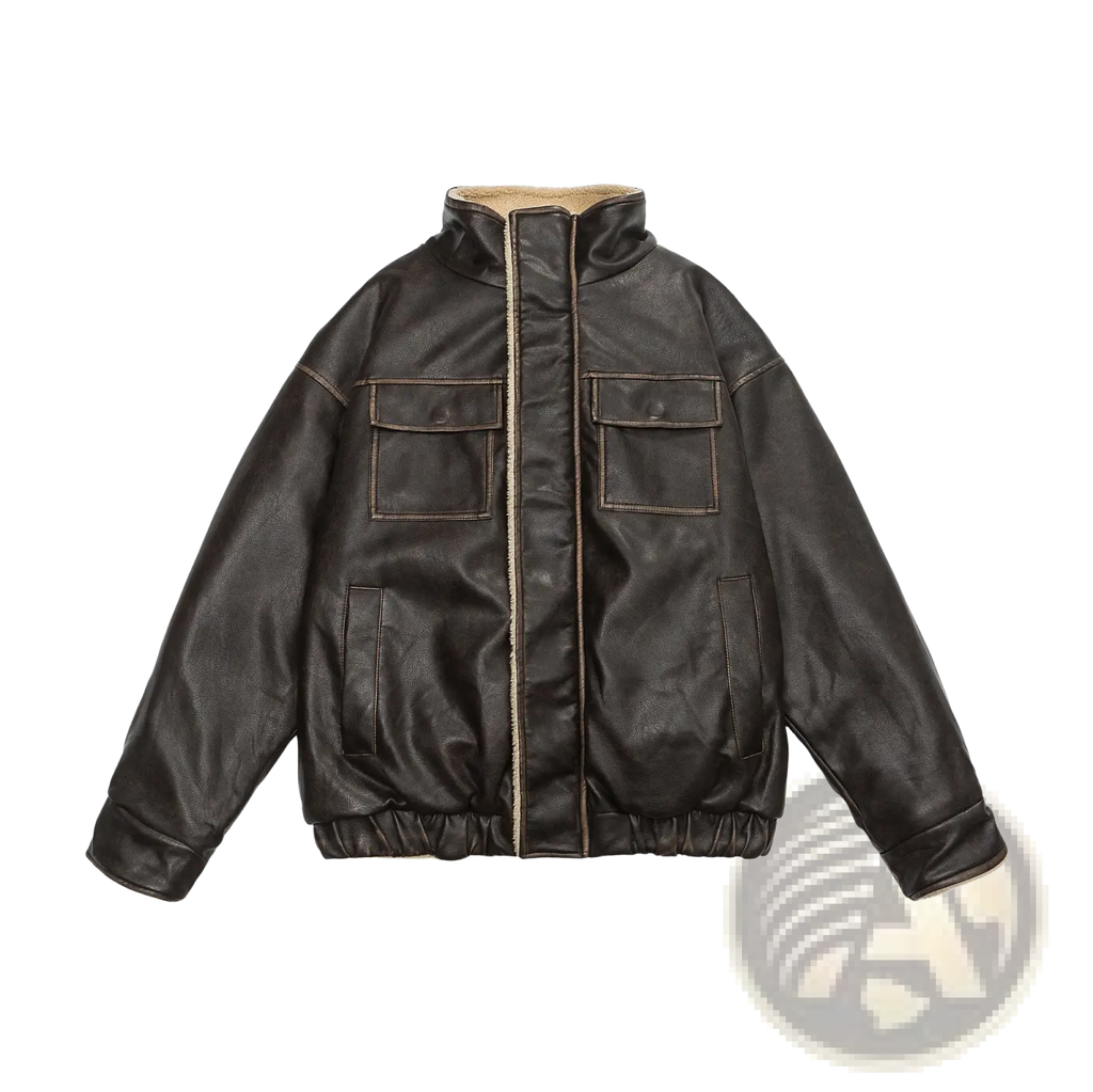Maillard leather bomber jacket in dark brown leather with plush tan shearling lining and contrasting stitching