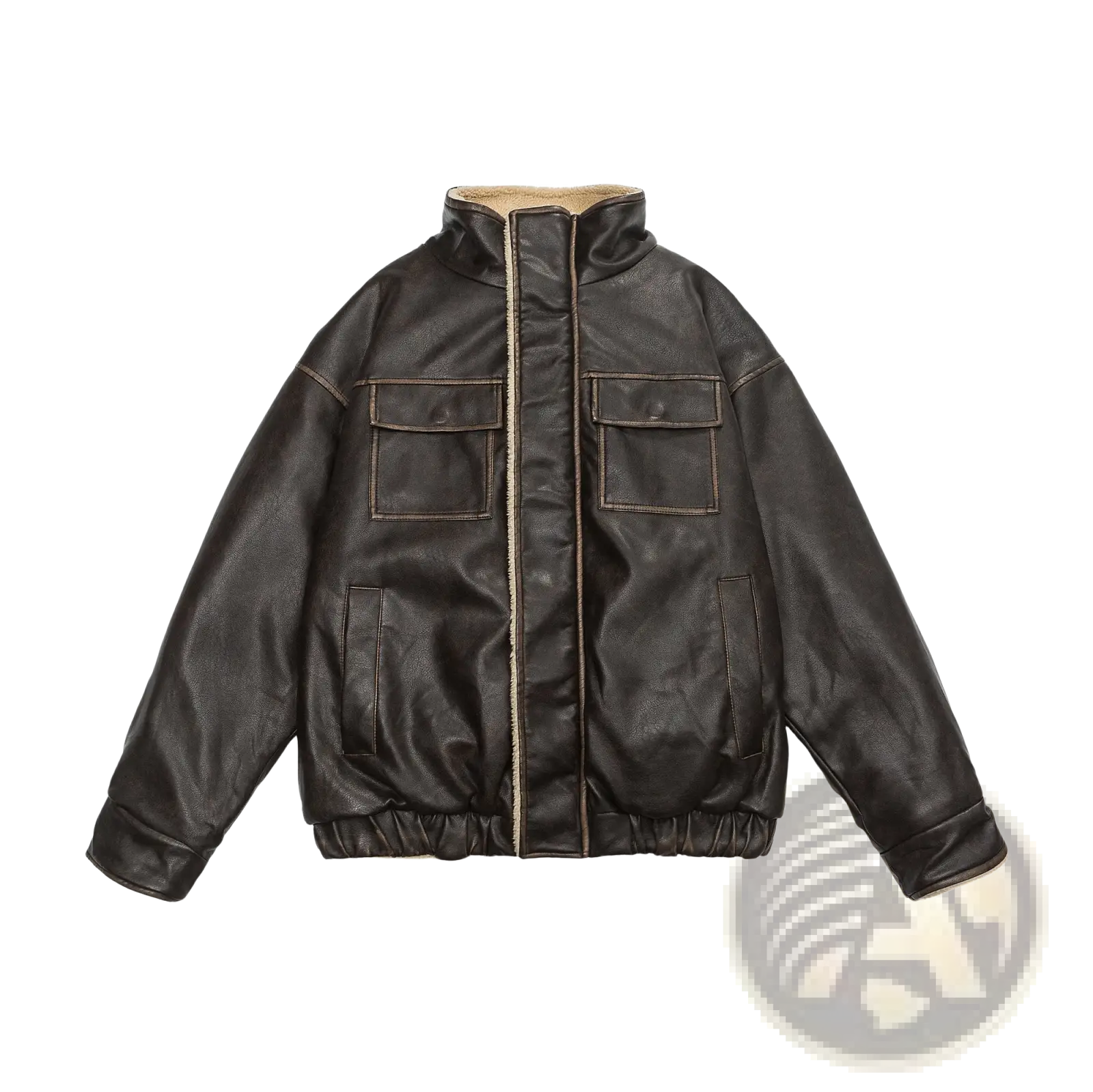 Maillard leather bomber jacket in dark brown leather with plush tan shearling lining and contrasting stitching