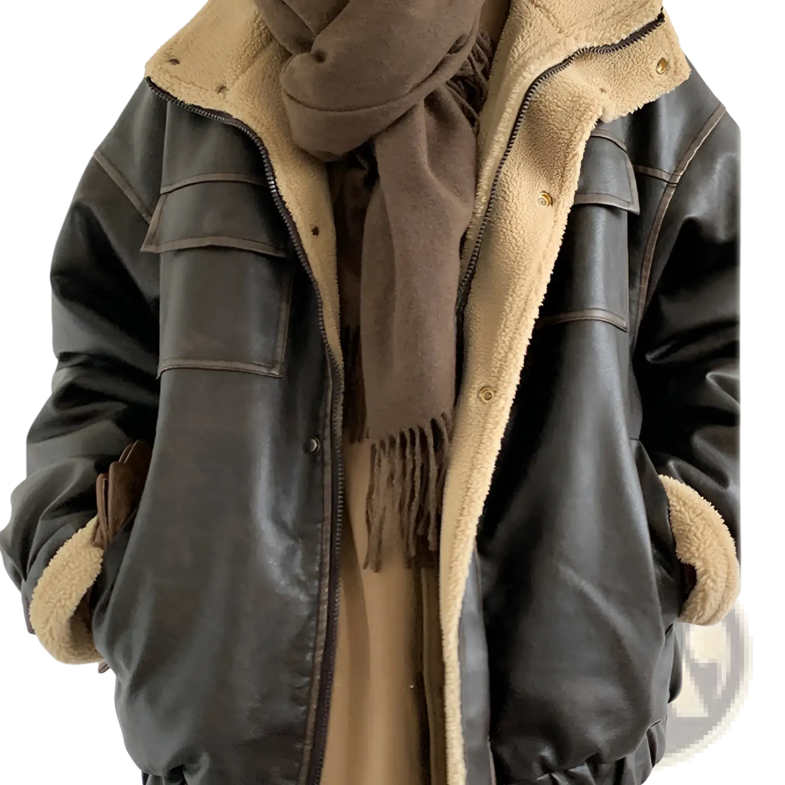 Maillard leather bomber jacket in dark brown with tan shearling lining and cuffs made of leather and shearling