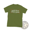Olive green cotton make spain great again short-sleeved t-shirt with white text inside red star-adorned border